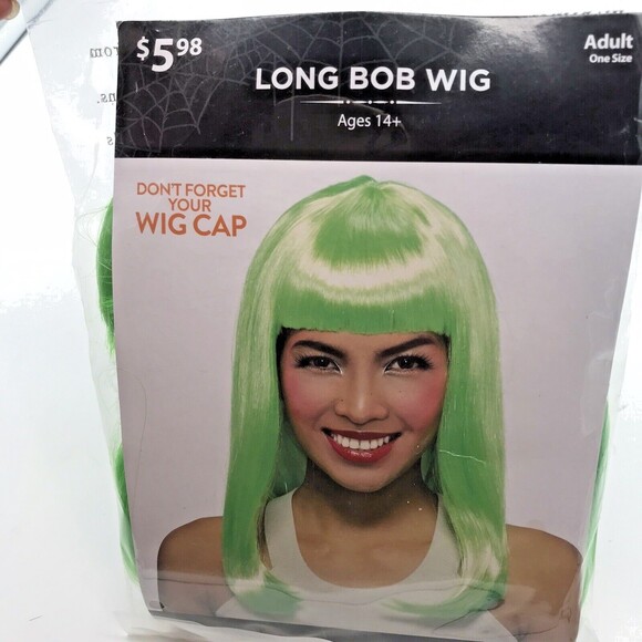 Green Halloween Wig Cosplay Party Costume OSFM Long  Bob With Bangs Hair NIP - Picture 4 of 6